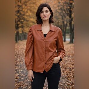 CATO Cognac Faux Leather Button Up Shirt Jacket